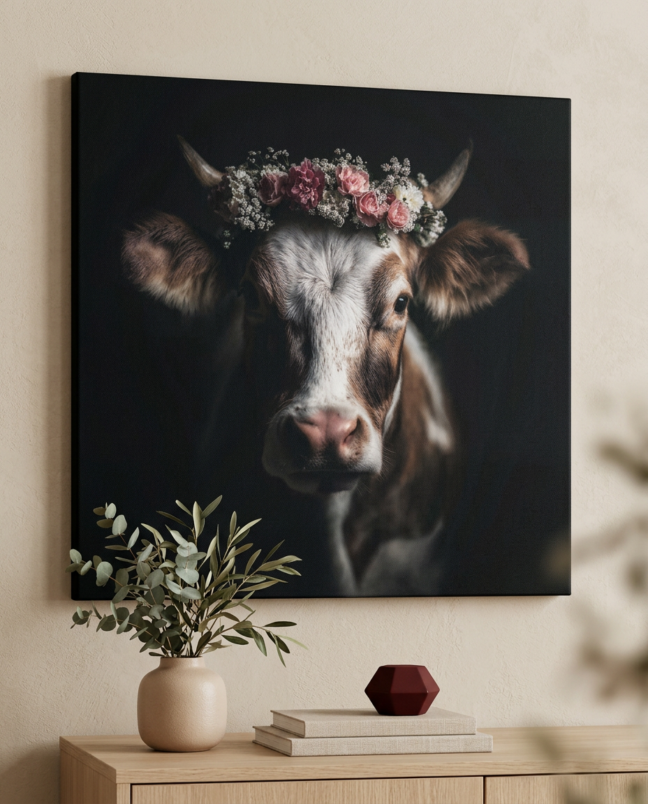 Unsere Schwarzwaldbilder wie dieses detailreiche Kuh-Porträt mit Blumenkrone bieten moderne Wandkunst für ein gemütliches und stilbewusstes Zuhause.