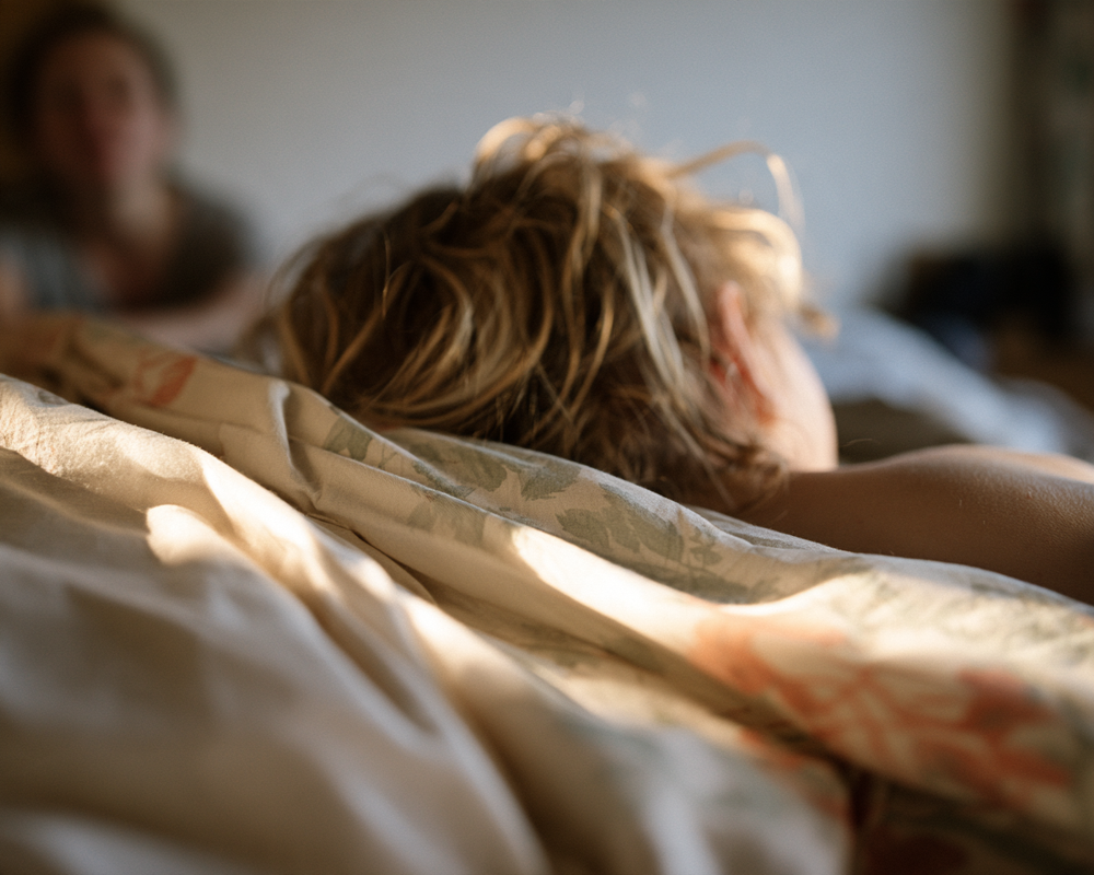 Warme Nahaufnahme einer ruhenden Person im Bett mit sanftem Licht auf dem Kissen.