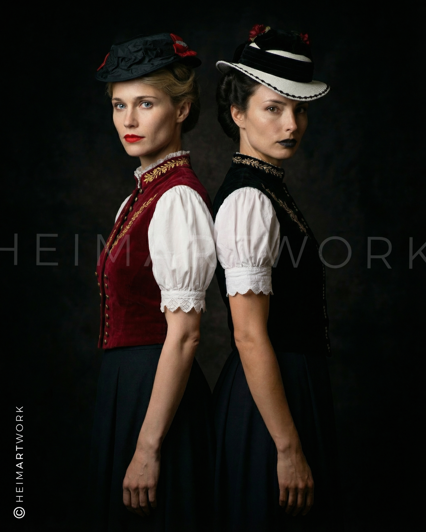 Detailreiches Porträt zweier Frauen in Schwarzwälder Tracht mit Miedern in Rot und Schwarz sowie filigranen Hüten. Dieses Schwarzwald Bild besticht durch den starken Kontrast vor einem dunklen Hintergrund und eignet sich ideal als hochwertiger Kunstdruck Schwarzwald.