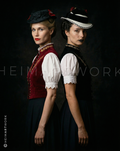 Detailreiches Porträt zweier Frauen in Schwarzwälder Tracht mit Miedern in Rot und Schwarz sowie filigranen Hüten. Dieses Schwarzwald Bild besticht durch den starken Kontrast vor einem dunklen Hintergrund und eignet sich ideal als hochwertiger Kunstdruck Schwarzwald.