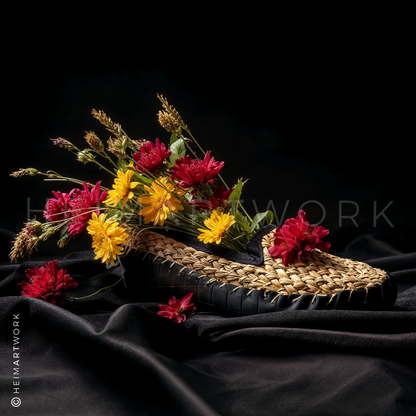 Geflochtener Strohschuh mit purpurroten und gelben Wildblumen auf dunklem Stoff vor schwarzem Hintergrund, quadratische Leinwand.