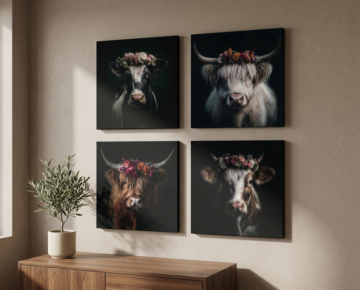 Moderne Wandkunst für Dein Zuhause: Das vierteilige Schwarzwald Wandbild Set kombiniert traditionelle Heimat-Motive mit elegantem Design und zeigt charakterstarke Porträts von Kühen und Highland-Rindern mit farbenfrohen Blumenkränzen auf hochwertiger Leinwand.