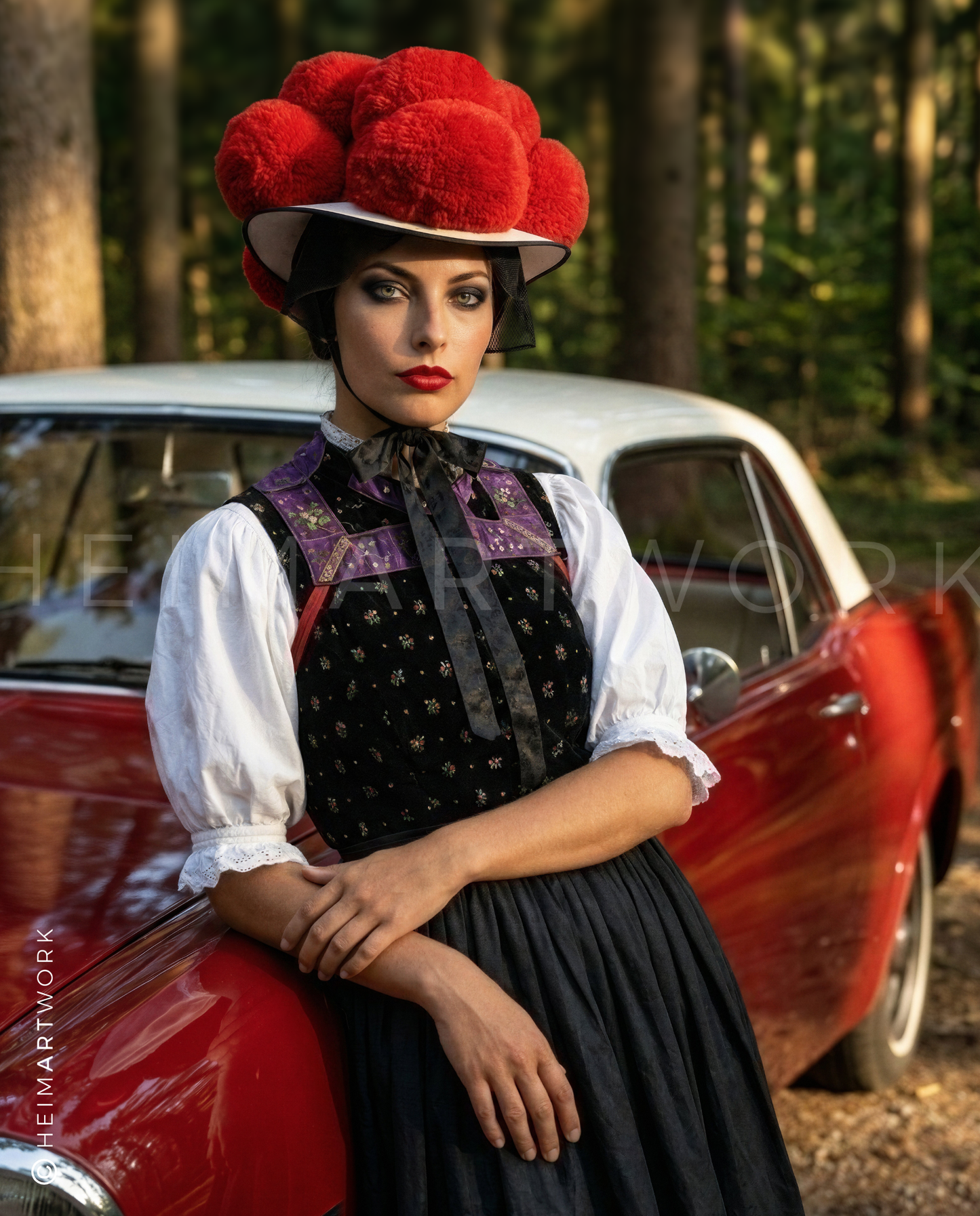 Frau in Schwarzwald-Tracht mit rotem Bollenhut lehnt an einem roten Oldtimer vor herbstlicher Waldkulisse.