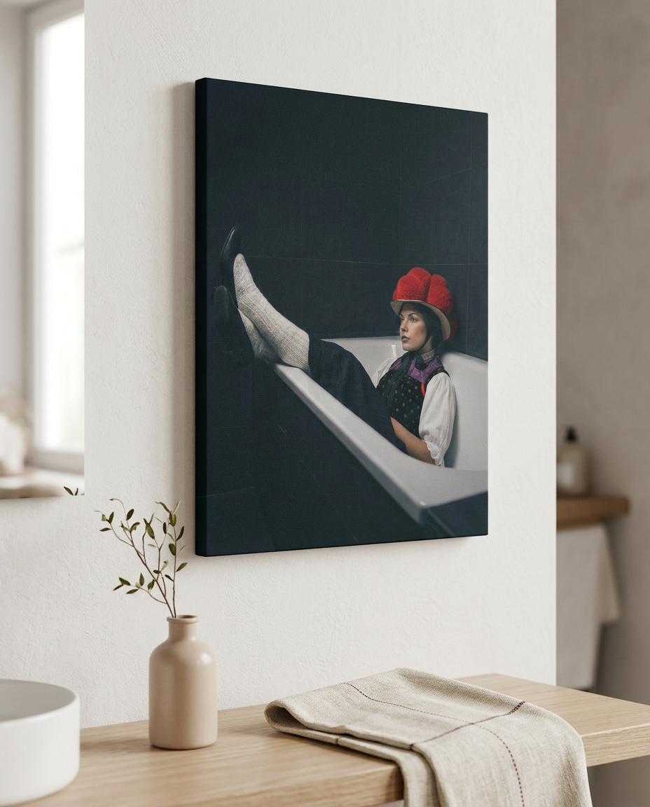 Dieses humorvolle und unkonventionelle Schwarzwald Wandbild bringt moderne Ironie in Ihr Badezimmer und ist ein echtes Statement-Piece für moderne Wandkunst mit Heimatbezug.