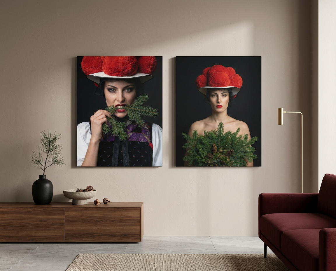 Zwei hochformatige Bollenhut Leinwandbilder präsentieren eine mystische und moderne Interpretation der Schwarzwald-Tradition. Die Porträts zeigen Frauen mit dem ikonischen roten Bollenhut, kombiniert mit kräftig grünen Tannenzweigen vor einem eleganten, dunklen Hintergrund.