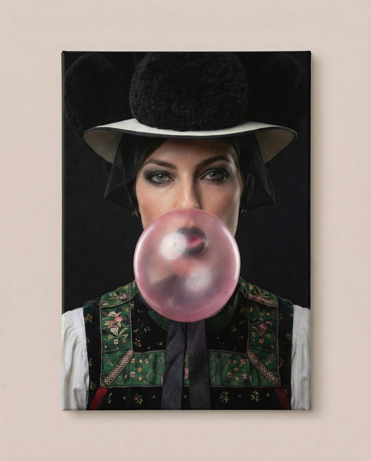 Frontalansicht eines fertig bespannten Leinwandbildes an einer neutralen, hellen Wand. Es zeigt das moderne Porträt einer Schwarzwälderin in Tracht mit Bollenhut und rosa Kaugummiblase.