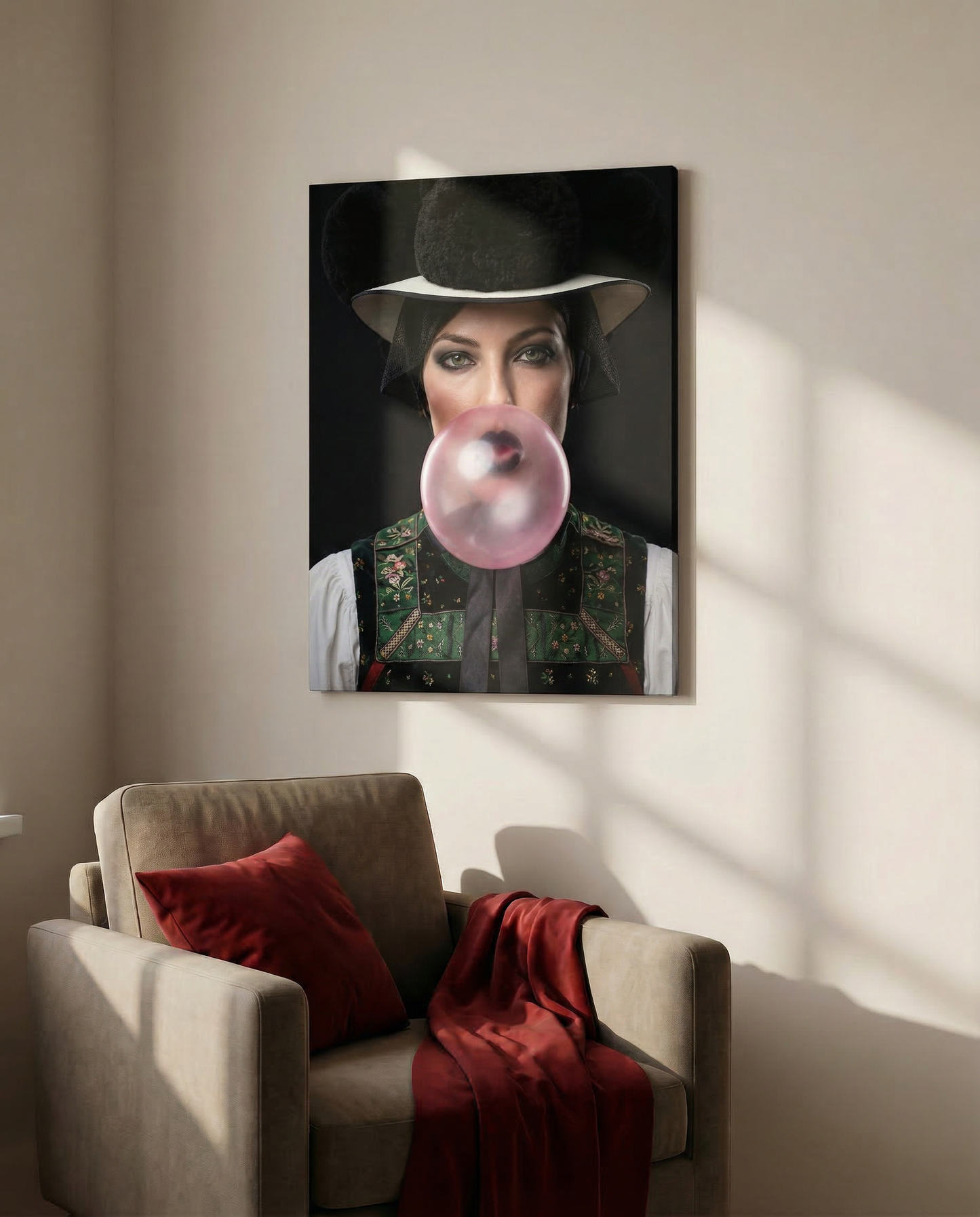 Exklusives Interior-Beispiel: Das Pop-Art-Wandbild der Schwarzwälderin mit Kaugummiblase hängt als Blickfang über einem skandinavischen Design-Sessel in einem gemütlichen Lesebereich.