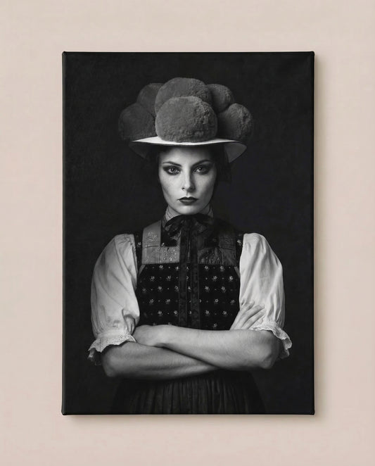 Frontalansicht an einer hellen Wand: Dieser ausdrucksstarke Schwarzwald Kunstdruck zeigt das Schwarz-Weiß-Porträt einer Frau in traditioneller Tracht mit markantem Bollenhut und verschränkten Armen.