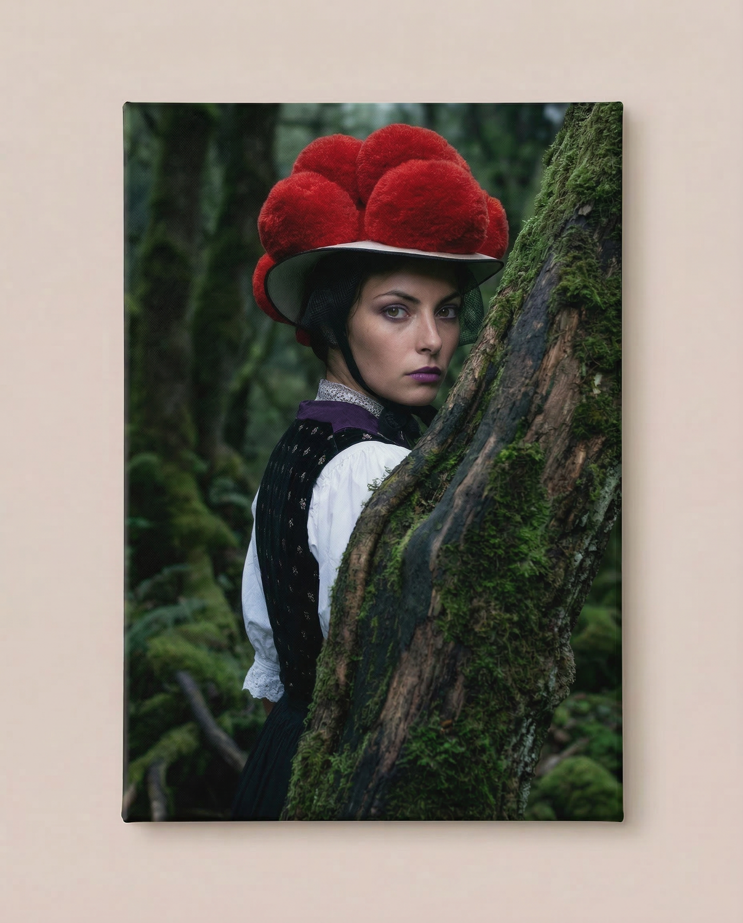 Frontalansicht an einer hellen Wand: Dieser atmosphärische Schwarzwald Kunstdruck zeigt eine Frau mit rotem Bollenhut, die hinter einem bemoosten Baumstamm in einem dichten, grünen Wald hervorschaut.