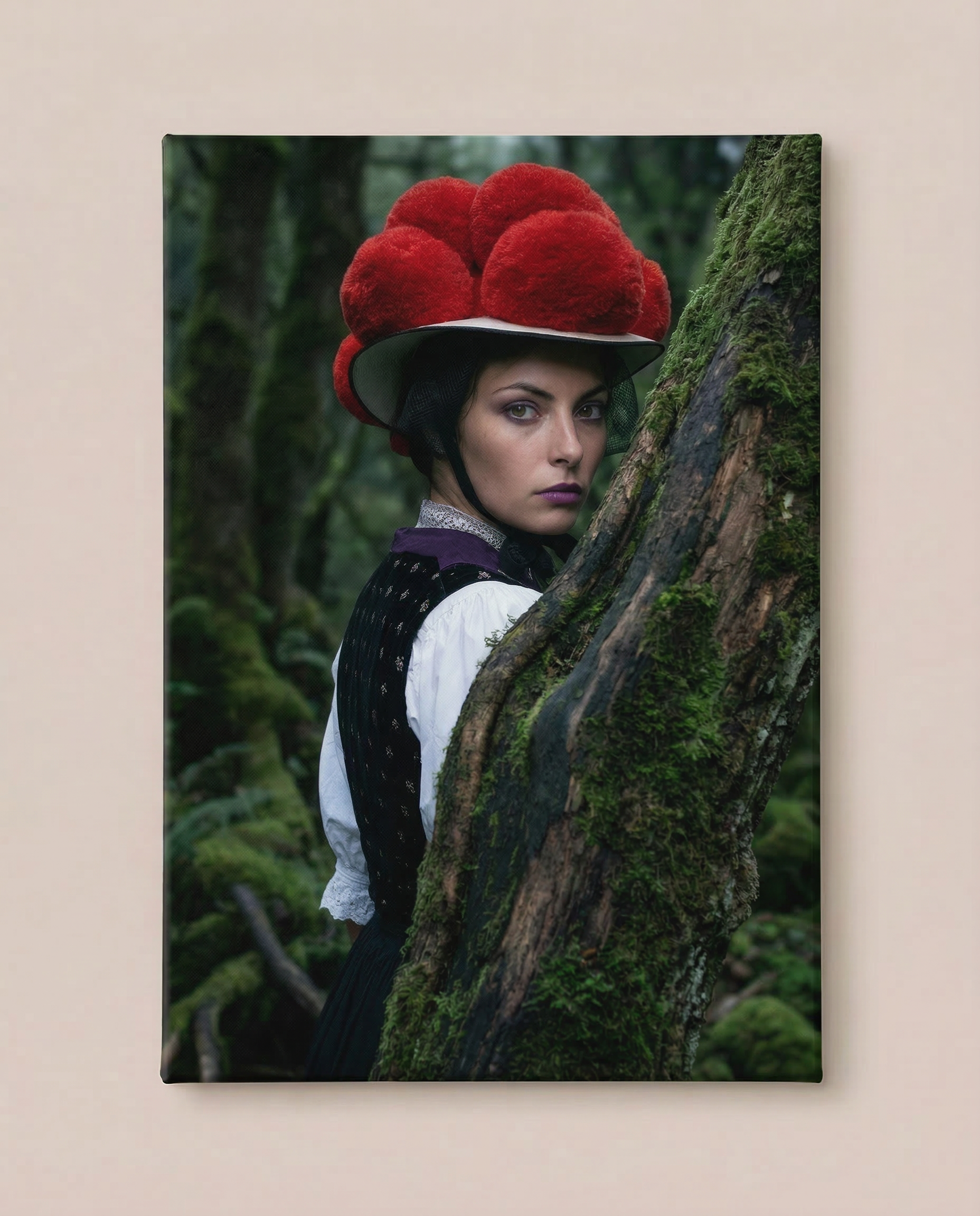 Frontalansicht an einer hellen Wand: Dieser atmosphärische Schwarzwald Kunstdruck zeigt eine Frau mit rotem Bollenhut, die hinter einem bemoosten Baumstamm in einem dichten, grünen Wald hervorschaut.