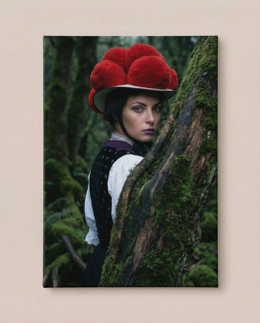 Frontalansicht an einer hellen Wand: Dieser atmosphärische Schwarzwald Kunstdruck zeigt eine Frau mit rotem Bollenhut, die hinter einem bemoosten Baumstamm in einem dichten, grünen Wald hervorschaut.