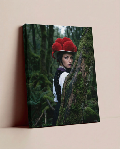 Ein fertig bespanntes Schwarzwald Wandbild mit dem Wald-Motiv, das dekorativ auf dem Boden an einer einfarbigen, beigen Wand lehnt und eine beruhigende, naturverbundene Stimmung verbreitet.