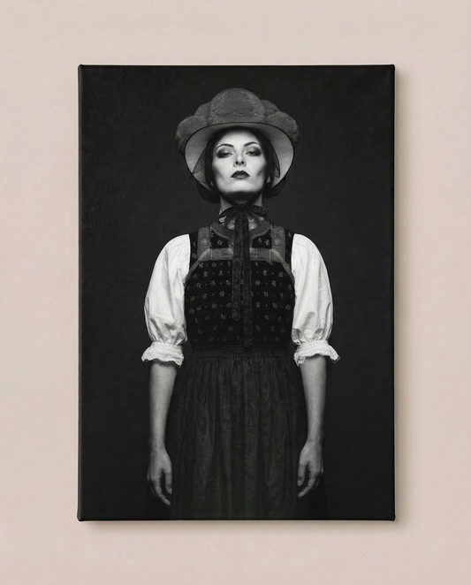 Frontalansicht an einer hellen Wand: Dieser zeitlose Schwarzwald Wandbild zeigt eine Frau in klassischer Tracht mit Bollenhut in einer stolzen, frontalen Pose vor einem dunklen Hintergrund.