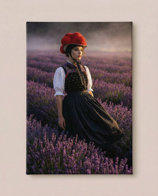 Frontalansicht an einer hellen Wand: Dieser farbenprächtige Schwarzwald Kunstdruck zeigt eine Frau in traditioneller Tracht mit rotem Bollenhut, die inmitten eines blühenden, lila Lavendelfeldes steht.