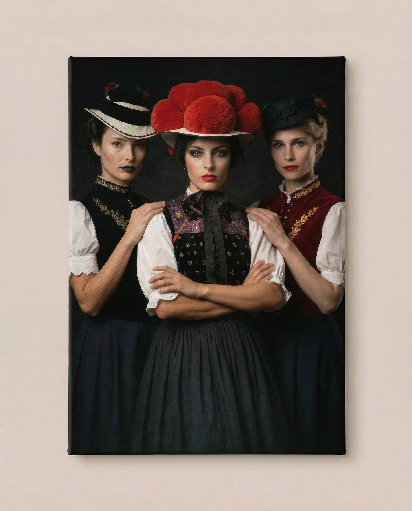 Frontalansicht an einer hellen Wand: Dieser hochwertige Schwarzwald Kunstdruck zeigt drei Frauen in unterschiedlichen Trachten, wobei die mittlere Frau einen markanten roten Bollenhut trägt.