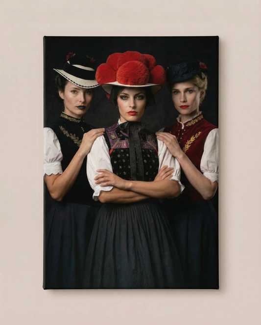 Frontalansicht an einer hellen Wand: Dieser hochwertige Schwarzwald Kunstdruck zeigt drei Frauen in unterschiedlichen Trachten, wobei die mittlere Frau einen markanten roten Bollenhut trägt.