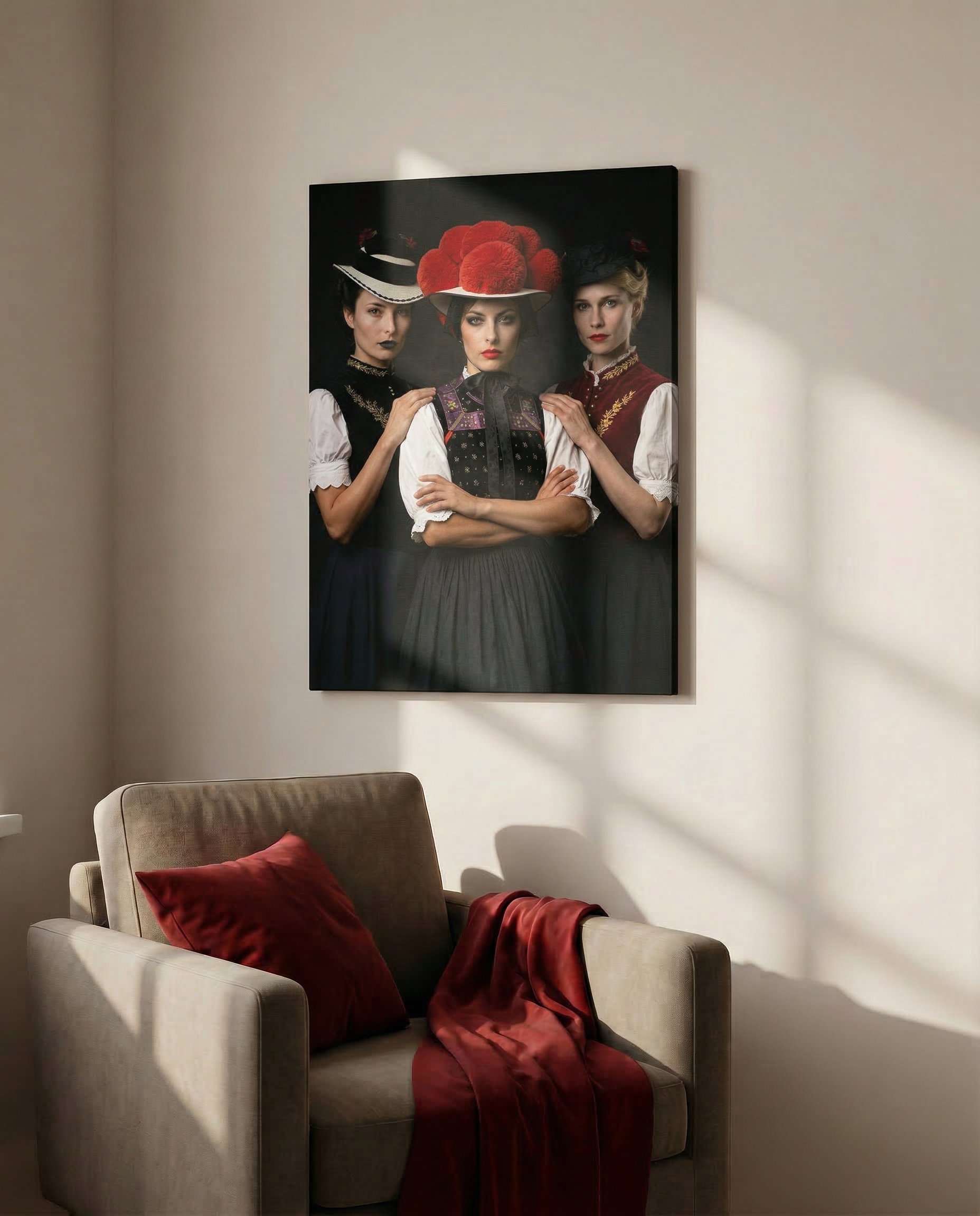 Wohnzimmer-Szenario: Die Schwarzwald Leinwand mit dem Bollenhut-Motiv hängt als charakterstarkes Schwarzwald Wandbild direkt über einem schlichten Sessel und schafft eine moderne Heimat-Atmosphäre.