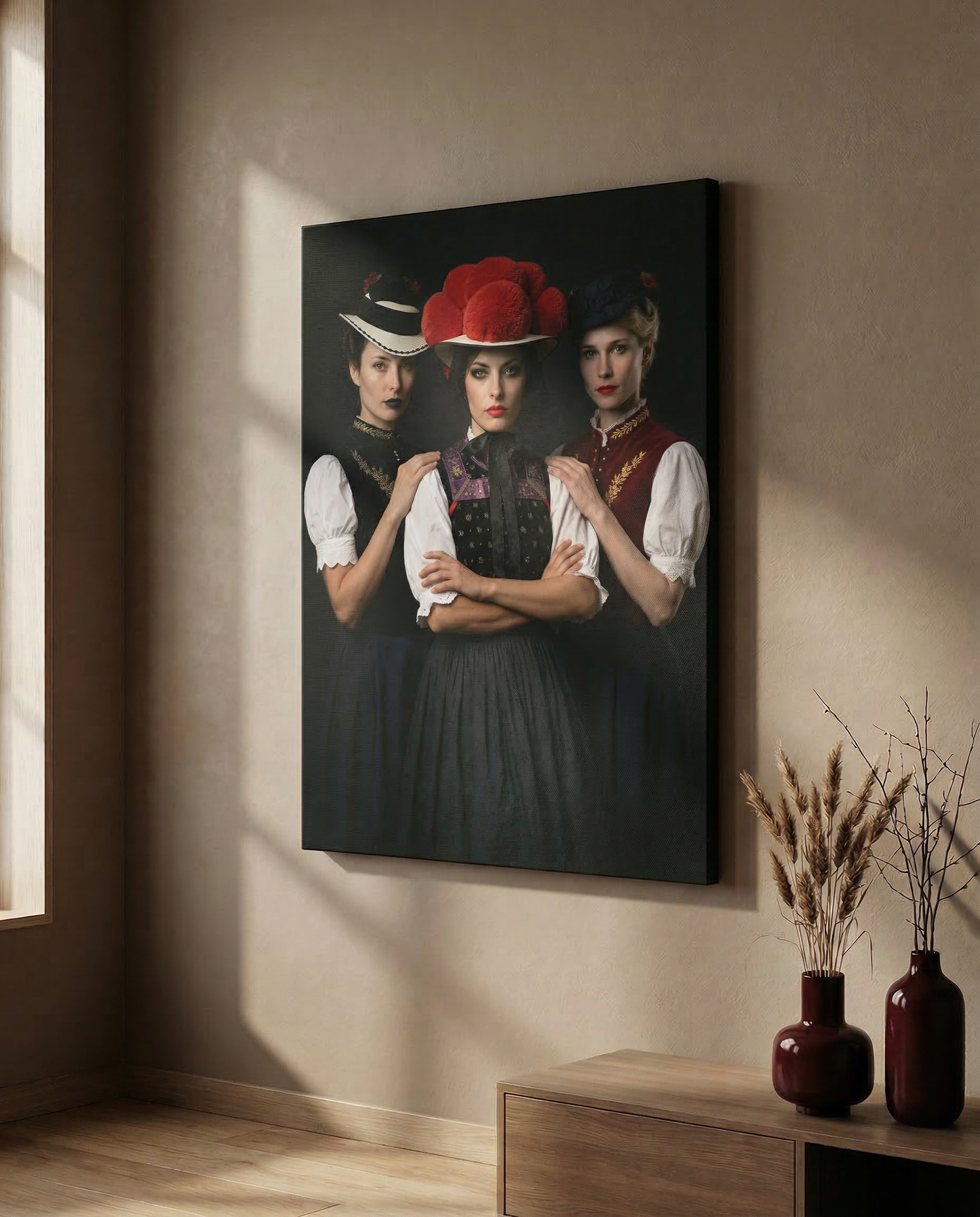 Minimalistisches Wohnzimmer-Mockup, in dem der Schwarzwald Kunstdruck der drei Frauen zentral an der Wand neben einem schlichten, modernen Sideboard zur Geltung kommt.