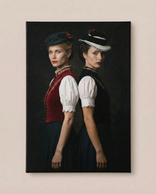 Frontalansicht eines fertig bespannten Leinwandbildes Schwarzwald an einer hellen Wand. Das Motiv zeigt zwei Frauen in traditioneller Tracht mit Hüten, Rücken an Rücken positioniert, als moderne Interpretation klassischer Schwarzwaldbilder.