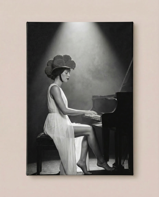 Frontalansicht eines fertig bespannten Leinwandbildes an einer neutralen, hellen Wand. Es zeigt das moderne Porträt einer Schwarzwälderin in Tracht mit Bollenhut, die an einem Klavier sitzt und spielt.