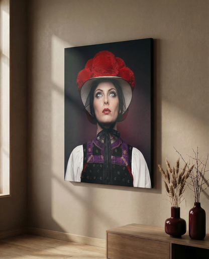 Schlichtes Wohnzimmer-Mockup mit einem großen Bollenhut-Leinwandbild, das mittig an einer Wand direkt neben einem minimalistischen, modernen Sideboard hängt.