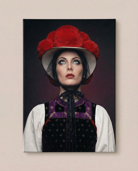 Frontalansicht eines fertig bespannten Leinwandbildes an einer neutralen, hellen Wand. Es zeigt das moderne Porträt einer Schwarzwälderin in Tracht mit auffälligem rotem Bollenhut, die nach oben blickt.