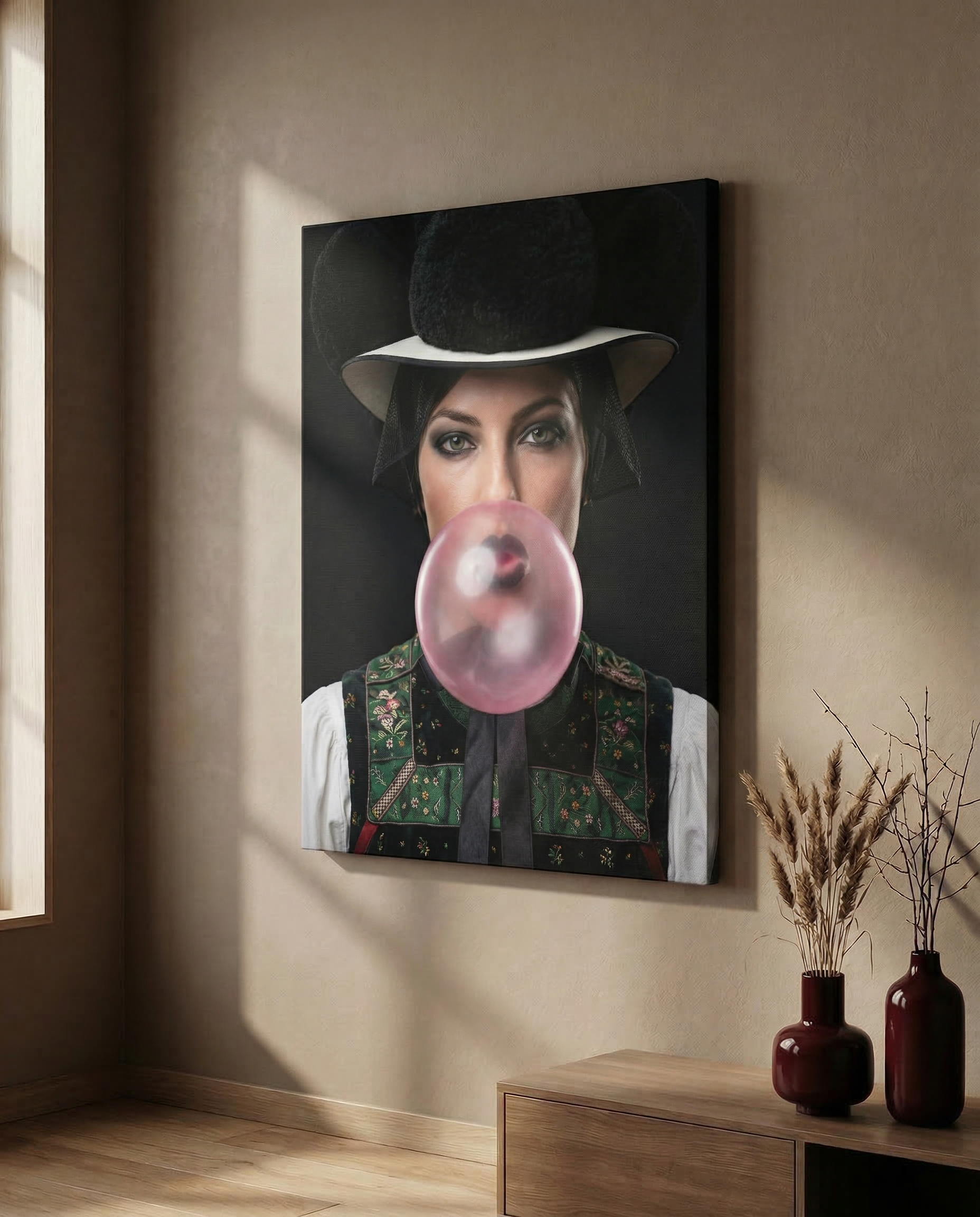 Stimmungsvolles Wohnzimmer-Mockup mit einem großen Bollenhut-Leinwandbild neben einem Sideboard.