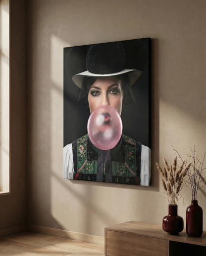 Stimmungsvolles Wohnzimmer-Mockup mit einem großen Bollenhut-Leinwandbild neben einem Sideboard.