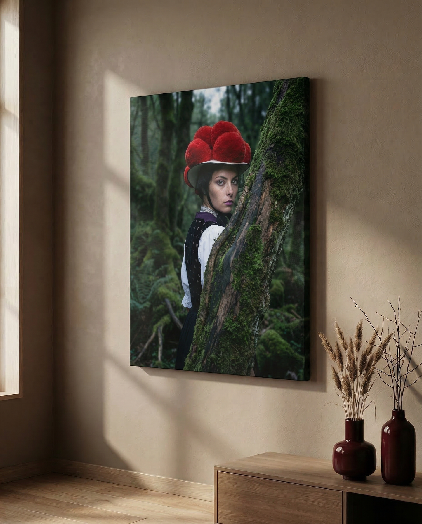 Minimalistisches Wohnzimmer-Mockup, in dem der waldige Schwarzwald Kunstdruck zentral an einer hellen Wand neben einem schlichten Sideboard präsentiert wird und für eine frische, grüne Optik sorgt.