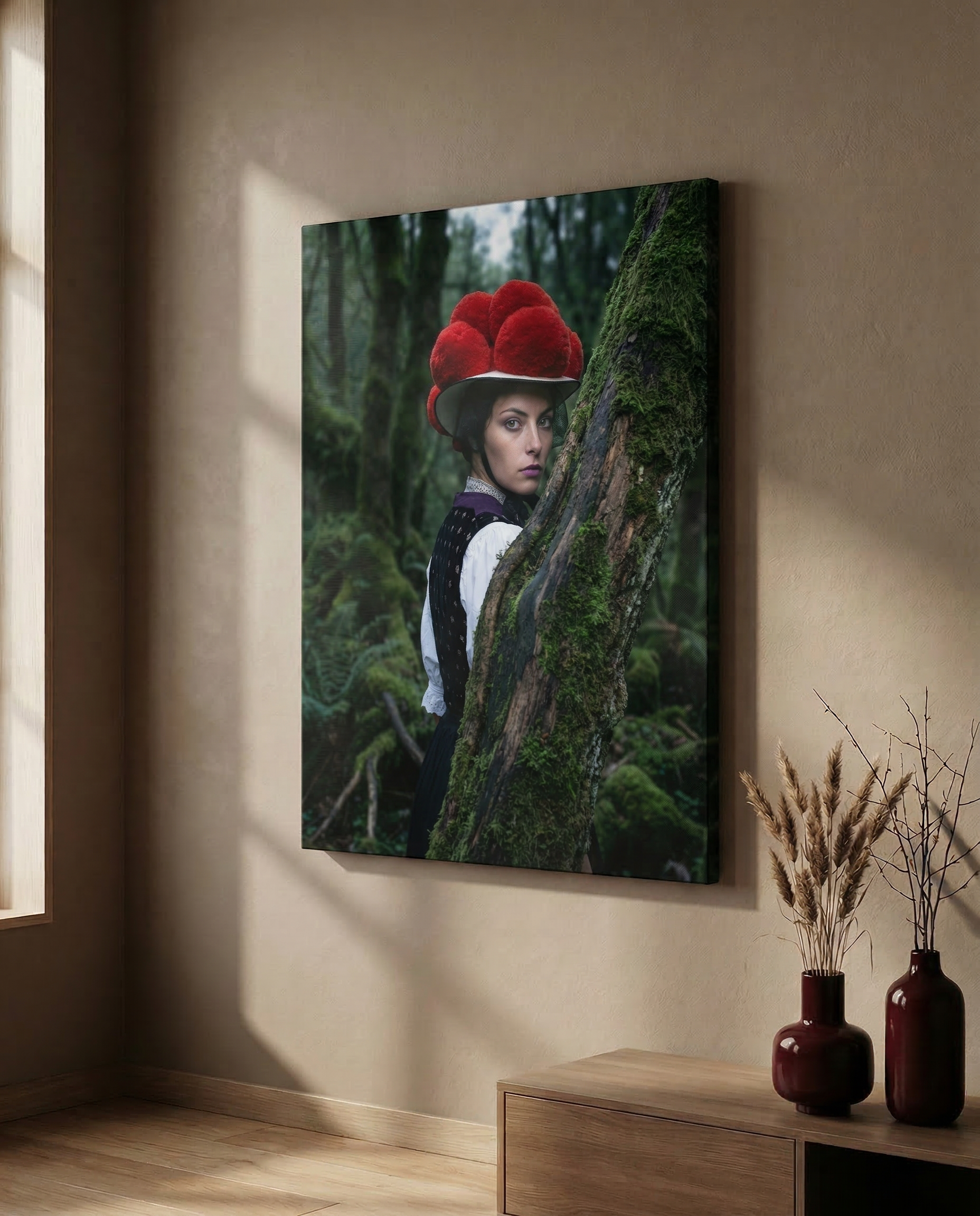 Minimalistisches Wohnzimmer-Mockup, in dem der waldige Schwarzwald Kunstdruck zentral an einer hellen Wand neben einem schlichten Sideboard präsentiert wird und für eine frische, grüne Optik sorgt.