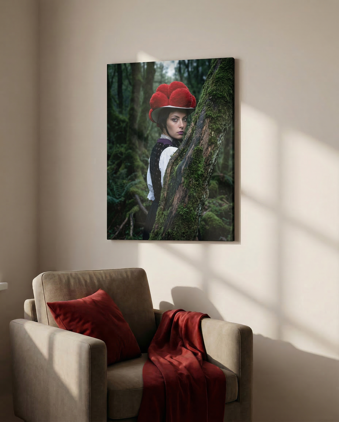 Wohnzimmer-Szenario: Die Schwarzwald Leinwand mit der Bollenhut-Trägerin im Wald hängt als tiefgründiges Schwarzwald Wandbild direkt über einem schlichten Sessel und bringt die Ästhetik des Schwarzwaldes direkt ins Haus.