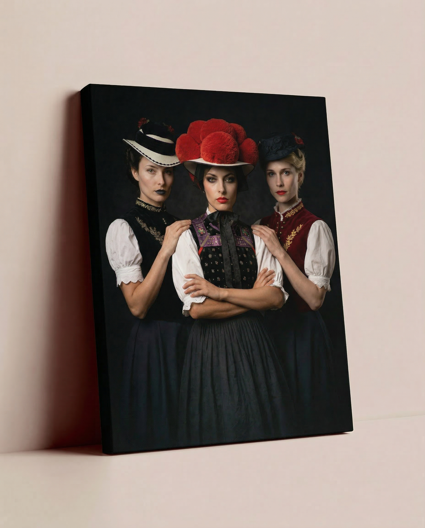 Ein fertig bespanntes Schwarzwald Wandbild, das dekorativ auf dem Boden an einer einfarbigen, beigen Wand lehnt und die moderne Interpretation der Heimatkunst stilvoll präsentiert.