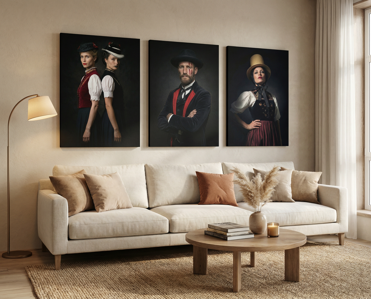 Eine Kombination aus drei schönen Schwarzwald Wandbildern in einem Wohnzimmer. Die Bilder hängen über einem weißen Sofa und wirken wie eine kleine Kunstausstellung im eigenen Zuhause.