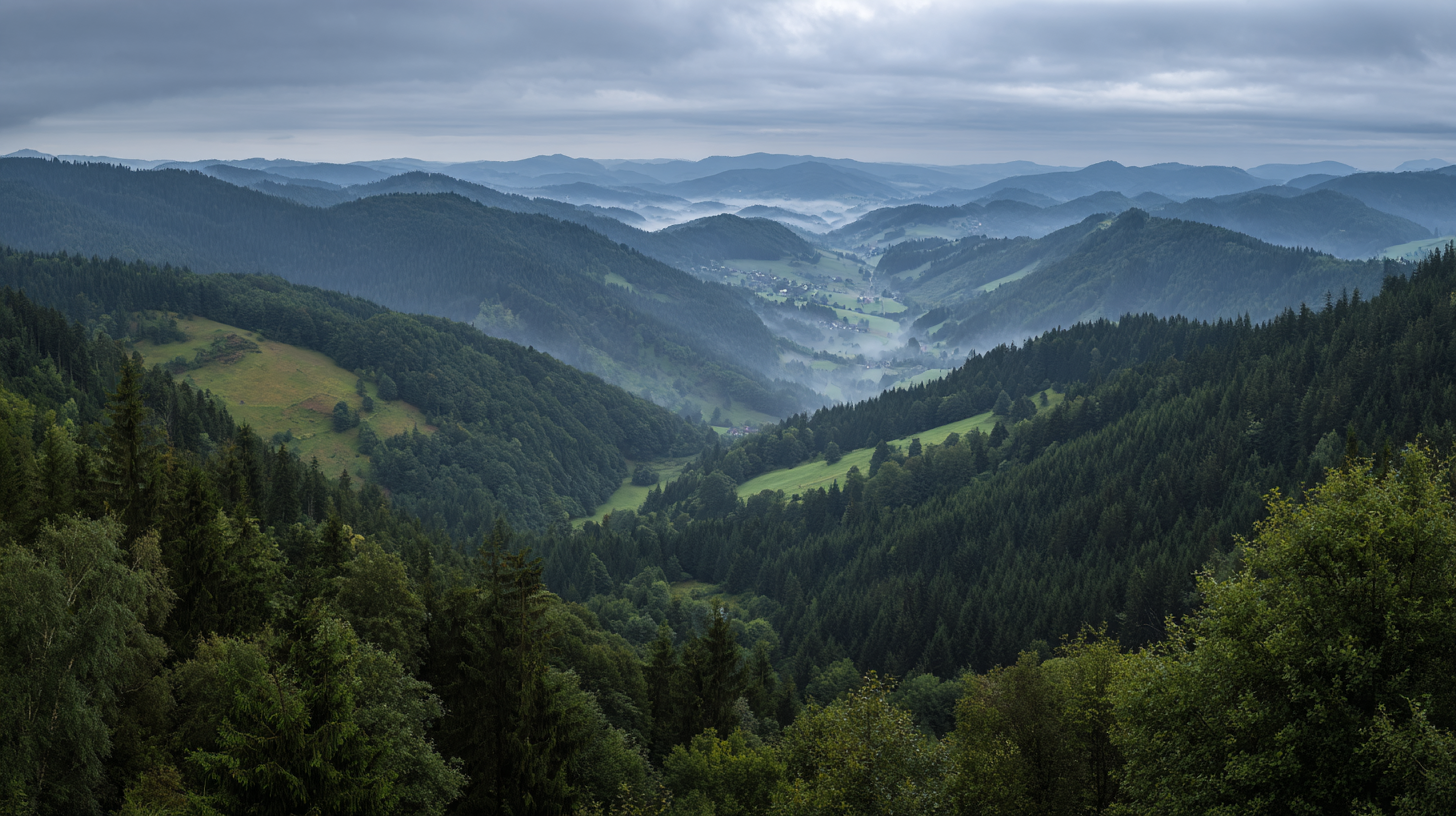 Bewaldete Schwarzwald-Berge in tiefem Grün und Blau mit Nebel in den Tälern unter einem wolkenverhangenen, grauen Himmel.